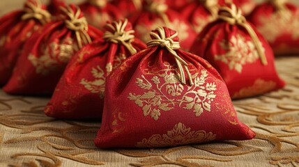 Elegant Red Pouches with Gold Floral Designs for Celebratory Events