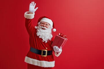 Cheerful Santa Claus in festive attire waves while holding a gift against a bright red background