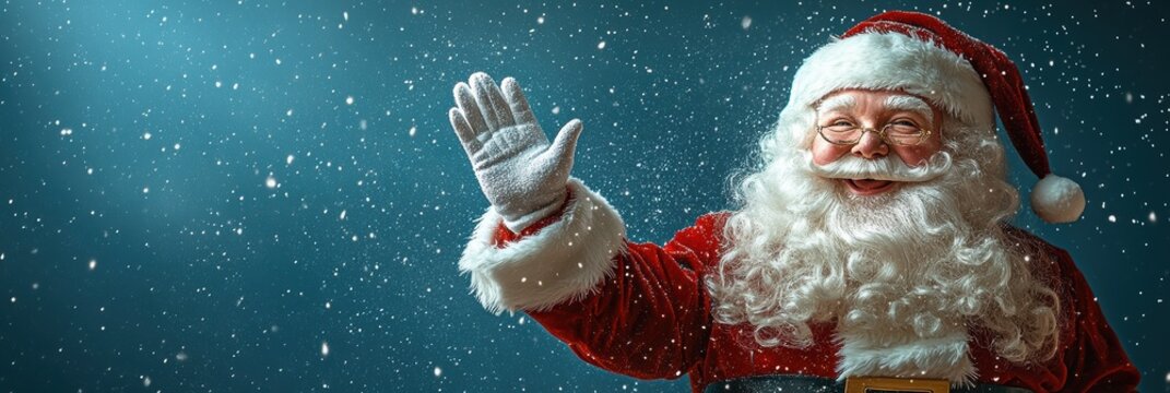 Cheerful Santa Claus waving in a snowy winter background for festive advertising layout