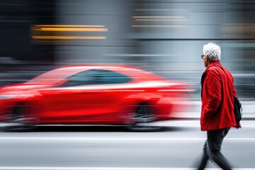 Fototapeta premium A man strolls through a snowy urban landscape, while a red car zooms past, creating a blurred effect behind him