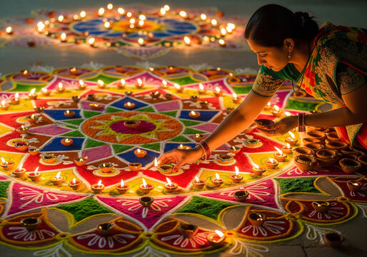 A woman lights clay lamps on a vibrant rangoli during a festival of lights