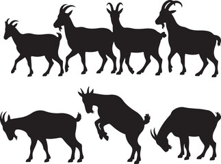 Collection of seven black goat silhouettes in various poses on white background animal mammal