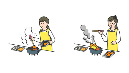 キッチンで揚げ物を作る女性、アクシデント © m-tsukasa