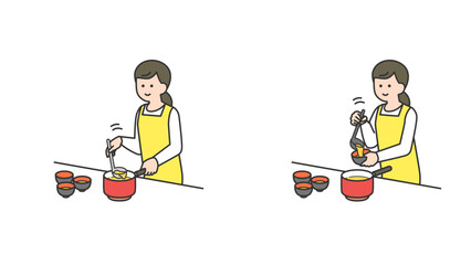 味噌汁をお椀に注ぐ女性