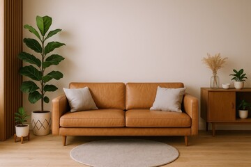 Comfortable Living Room Scene Featuring a Tan Leather Sofa with Neutral Pillows and Lush Green Plants