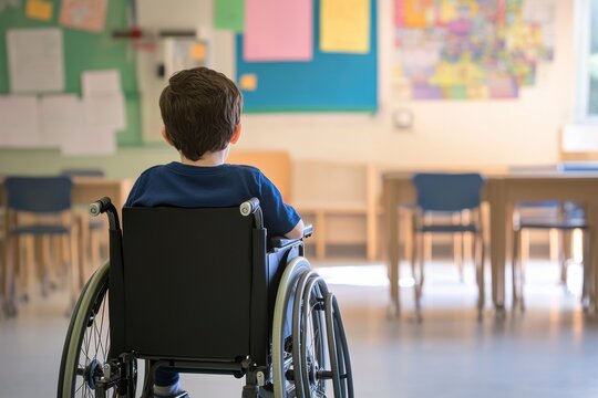 Child in wheelchair engaged in learning activity in inclusive classroom environment