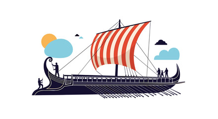 Ancient maritime exploration and naval warfare illustrated with a galley ship and sailors under a bright sunny sky