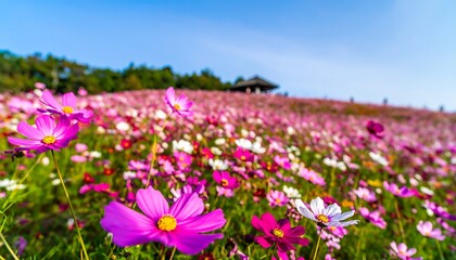 Vibrant cosmos flowers fill a hillside meadow.