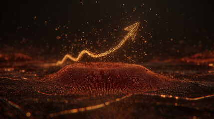 Golden arrow rising above red data flow symbolizing growth