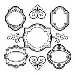 Collection of ornate vintage decorative frames and borders with elegant scrollwork and flourishes in a classic black and white design for graphic elements