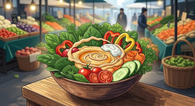 Colorful Vegetable Bowl with Dip at Farmers Market Scene - Powered by Adobe