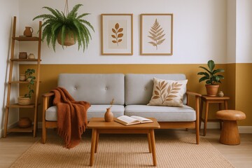 Obraz premium Cozy Living Room Scene with Mid-Century Modern Furniture, Botanical Art, and Warm Earth Tones Creating a Relaxing Ambiance