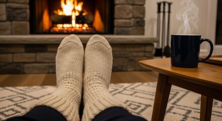 Cozy feet in warm socks resting near fireplace with hot drink  