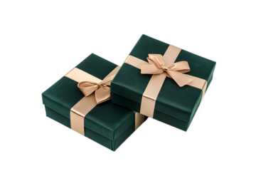 Two elegant dark green gift boxes with gold ribbon and bows, isolated on transparent background