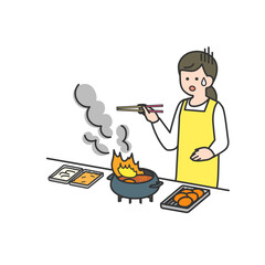 女性がキッチンで揚げ物をしていたら油に引火したシーン © m-tsukasa