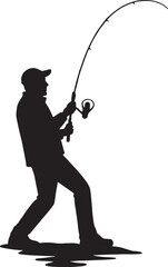 Obraz premium Silhouette of a fisherman reeling in a catch isolated on white background