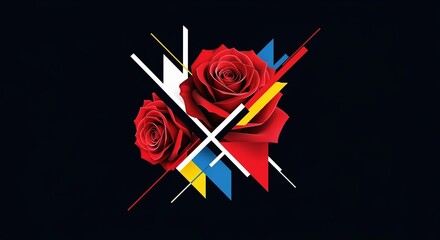 Red Roses with Geometric Shapes on Dark Background Modern Floral Design