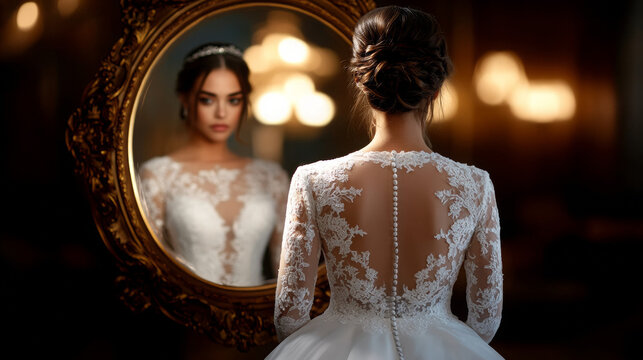 A bride in a wedding dress is standing in front of a mirror