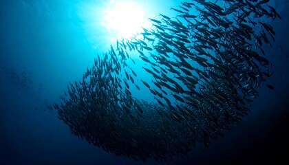 A large shoal of fish swims in the deep blue ocean.