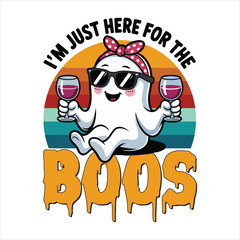 I'm Just Here For the Boos Pop art cartoon character wearing headphones in a fun vector illustration style