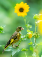 ヒマワリの種を食べに来たカワラヒワ。縦構図