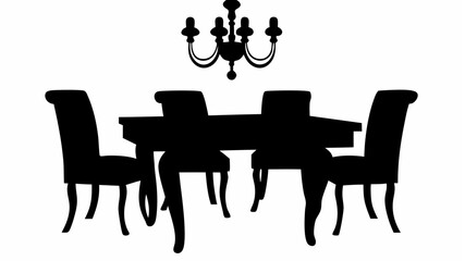 Illustration of a dining table with four chairs and a chandelier in a black silhouette style design