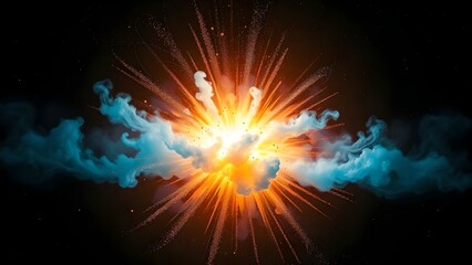 Bright explosion with smoke and light on black background