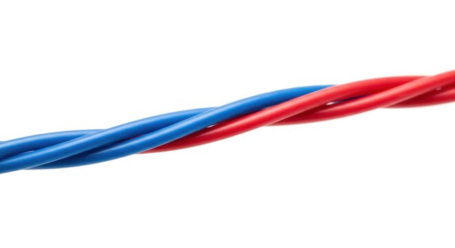 Twisted red and blue wires on a white background