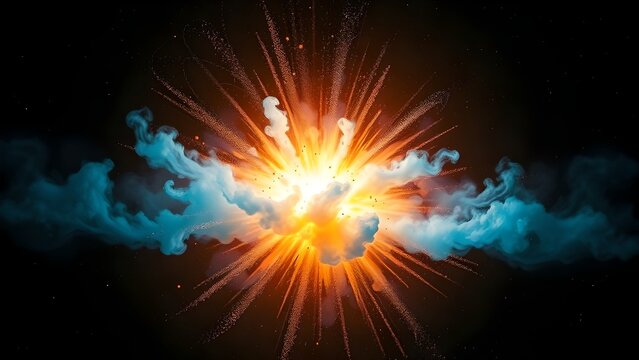 Bright explosion with smoke and light on black background