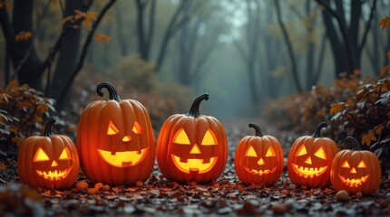 Fototapeta premium Group of Illuminated Halloween Pumpkins in Dark Forest Scene