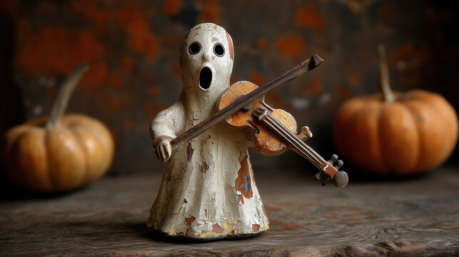 A vintage ghost figurine plays a spooky violin serenade among pumpkins in a rustic setting, creating a whimsical and eerie halloween musical still life composition.