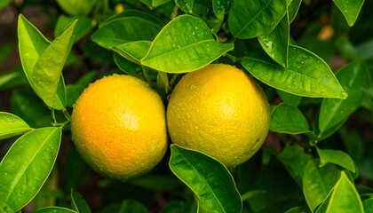 Close-up of two ripe oranges on a tree branch.