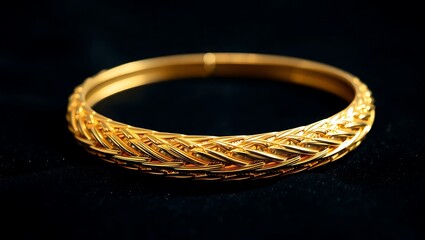  Close-up of a gold bracelet on a black background.