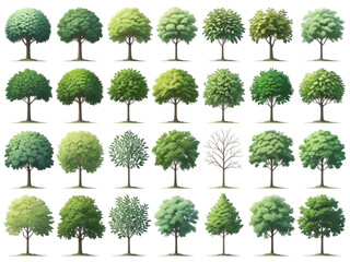 A diverse collection of 25 green trees with full foliage, isolated on a clean transparent background, showcasing various shapes and sizes of deciduous and evergreen species
