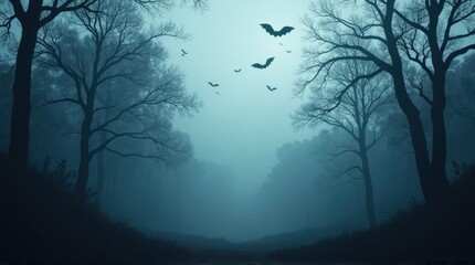 Obraz premium Mystical Dark Forest Scene with Bats Flying in Foggy Blue Atmosphere