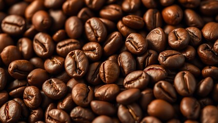 Macro close-up of roasted coffee beans with detailed texture and natural oil sheen