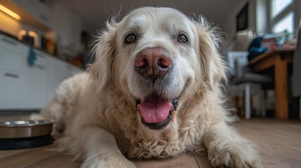 Golden retriever joyfully enjoys a meal from a bowl in a cozy home setting during the afternoon