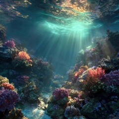 Fototapeta premium Underwater coral reef scene, sunlight beams, ocean floor, vibrant colors, marine life background, ideal for marine conservation