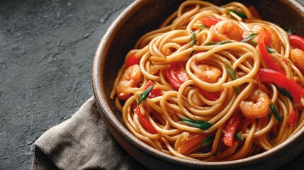 Close-up view of Chinese soba stir-fry noodles with shrimp and vegetables on a textured surface