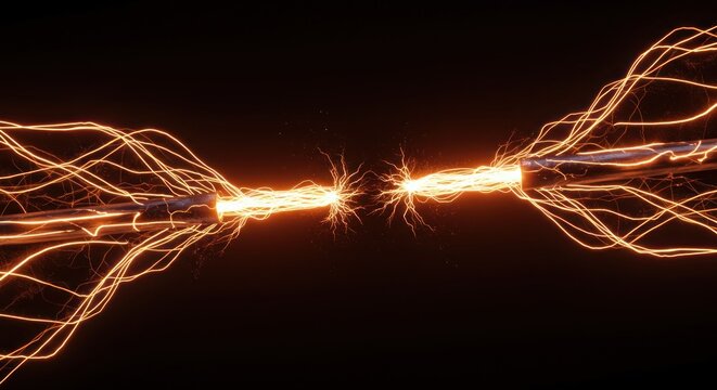 Two ends of metal rods emitting bright orange electrical arcs on a black background