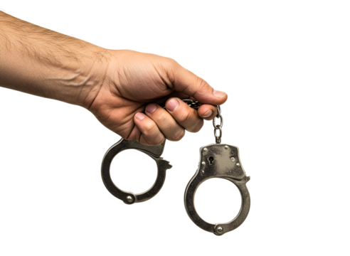 Hand holding metal handcuffs isolated on transparent background