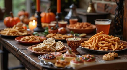 Fototapeta premium Festive Autumn Halloween Party Table with Pumpkin Decorations and Various Snacks