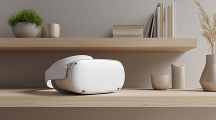 VR headset mockup on modern shelf