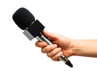 Journalist hand holding microphone for interview isolated on transparent background