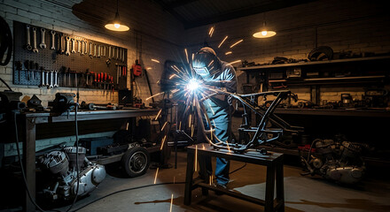 A welder in a workshop uses a welding torch on a motorcycle frame, creating bright sparks in a dimly lit environment.