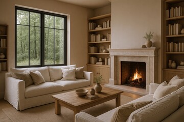 Cozy Living Room with Fireplace, Comfortable Sofas, and Large Window Overlooking a Lush Forest
