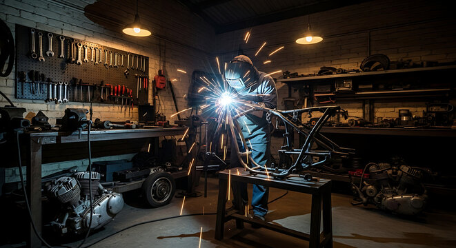 A welder in a workshop uses a welding torch on a motorcycle frame, creating bright sparks in a dimly lit environment.