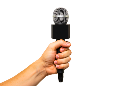 Journalist hand holding microphone for interview isolated on transparent background