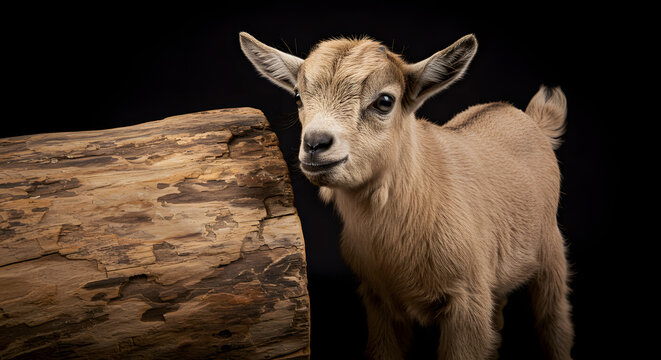 An enchanting portrait of a young goat, its innocent gaze and delicate features highlighted against a striking black backdrop evoking curiosity and wonder showcasing the rustic allure of the