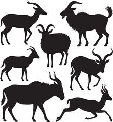 Fototapeta premium Diverse collection of black animal silhouettes including goats and antelopes on white sheep
